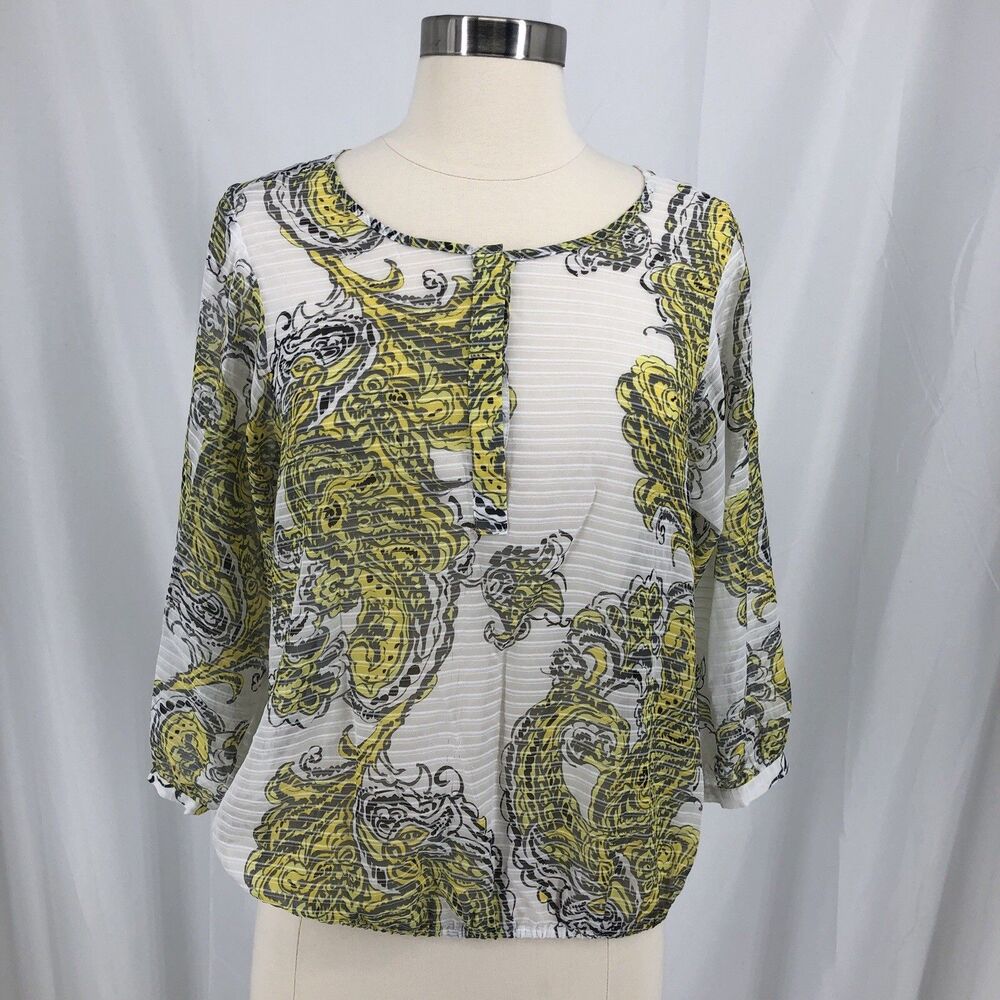 Ann Taylor Blouse Petite 3/4 Sleeve Size SP White Yellow Sheer Blouse